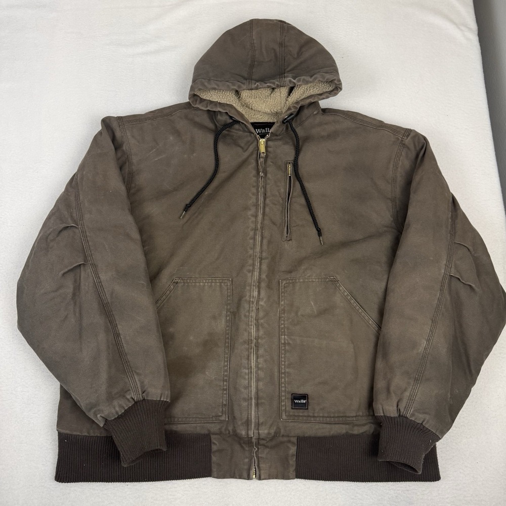 Walls Workwear Mens 2XL Brown Duck Canvas Hooded Sherpa Lined Jacket Work Coat